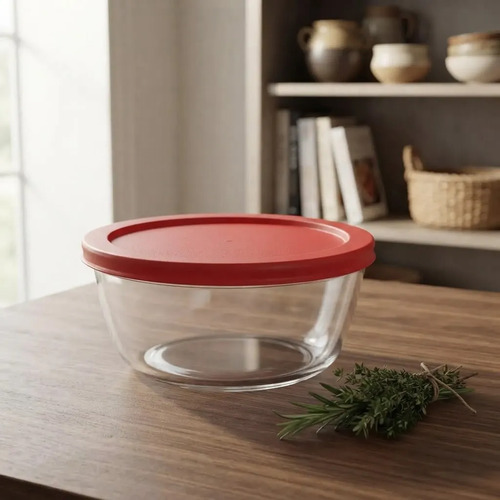 Bowl De Vidrio Apto Horno Con Tapa Cocina Fuente Rojo