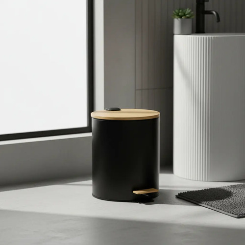 Cesto De Basura Redondo Acero Tapa Bamboo 5 Litros Negro