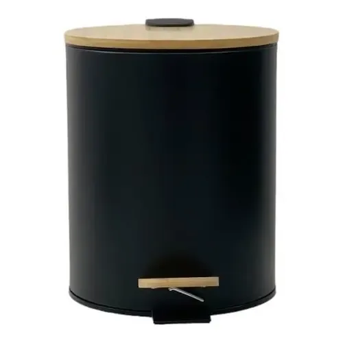Cesto De Basura Redondo Acero Tapa Bamboo 5 Litros Negro