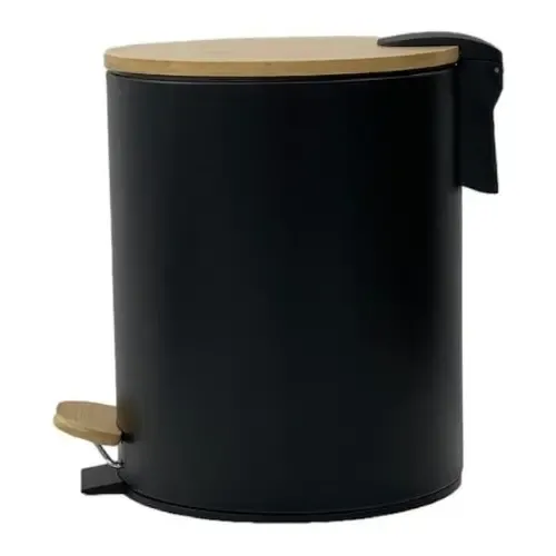 Cesto De Basura Redondo Acero Tapa Bamboo 5 Litros Negro
