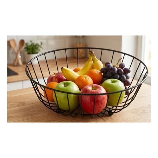 Frutero Cesta De Alambre Metálico Negro Redondo 28x9 Cm Negro