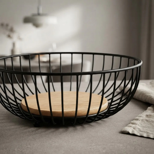 Frutera Centro De Mesa Metálica Negra Redonda Moderna Negro