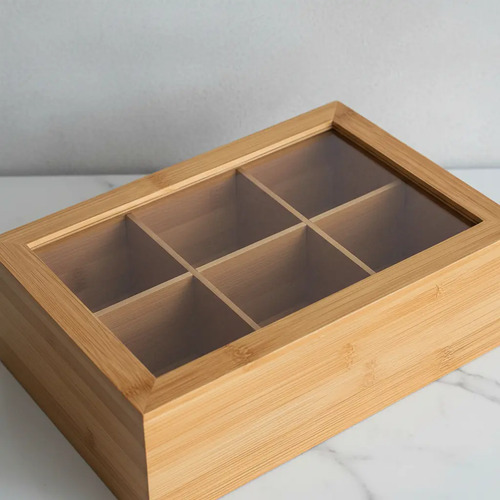 Caja De Te Madera Bamboo 6 Divisiones Tapa Acrilico