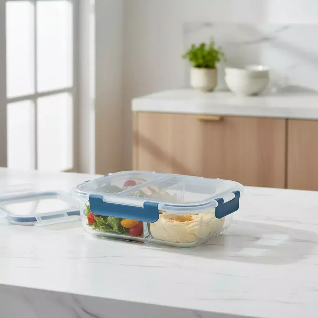 Tuper Vidrio Hermetico Rectangular 2 Divisiones Horno 1360ml