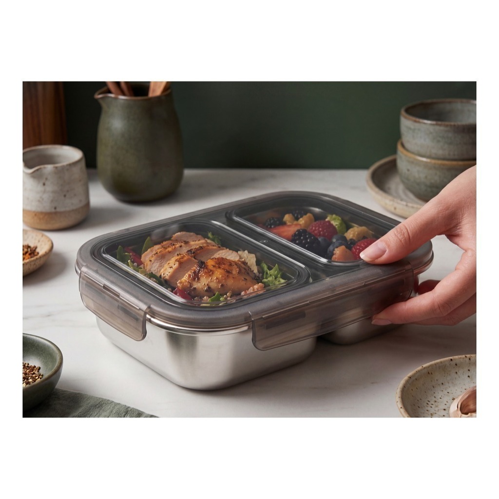 Pote Vianda Hermetico Acero Horno Micro  2 divisiones Tuper