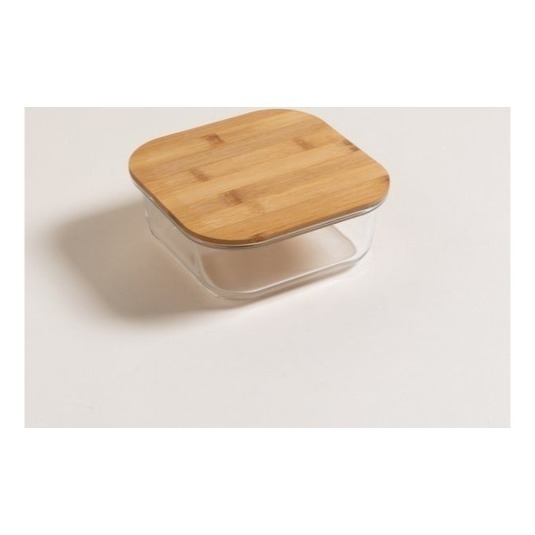 Pote Hermético De Vidrio Cuadrado Tapa Bamboo 320 Ml Tuper Taper