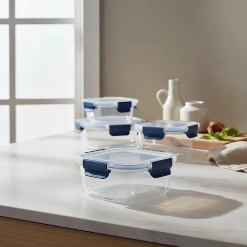 Kit 6 Tuper Hermetico Recipientes Vidrio Pirex Horno Frezzer Azul